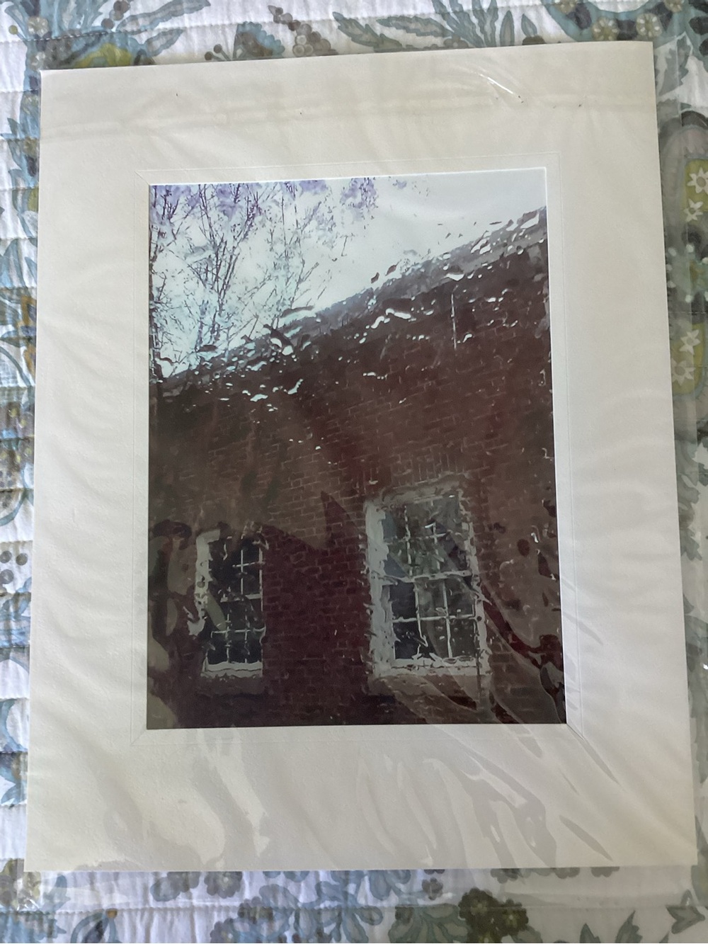 Matted Photograph of Old Building in the Rain